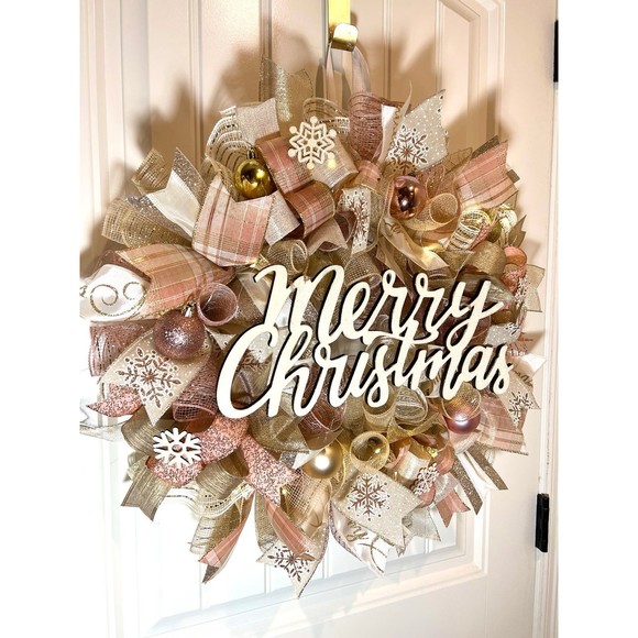 Christmas Snowflake Holiday Ribbon Door Wreath Handmade 22 ins LED W42 Gold Pink - Picture 4 of 12